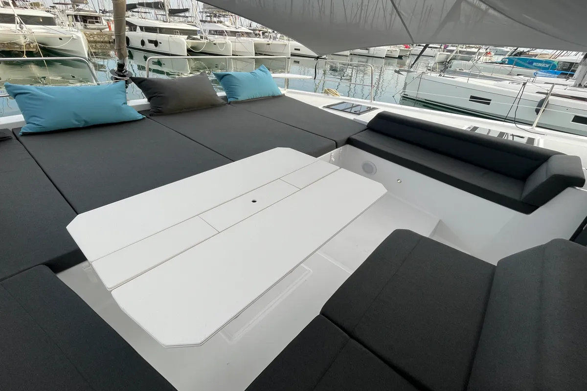 Deck of Enma, a Bali 4.6 catamaran at Athens, Greece
