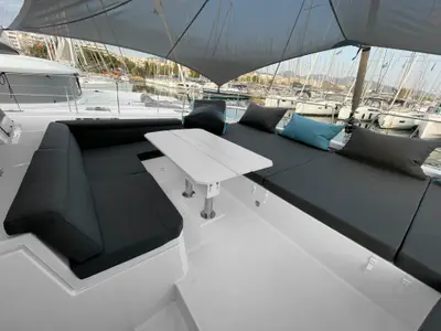 Deck of Enma, a Bali 4.6 catamaran at Athens, Greece