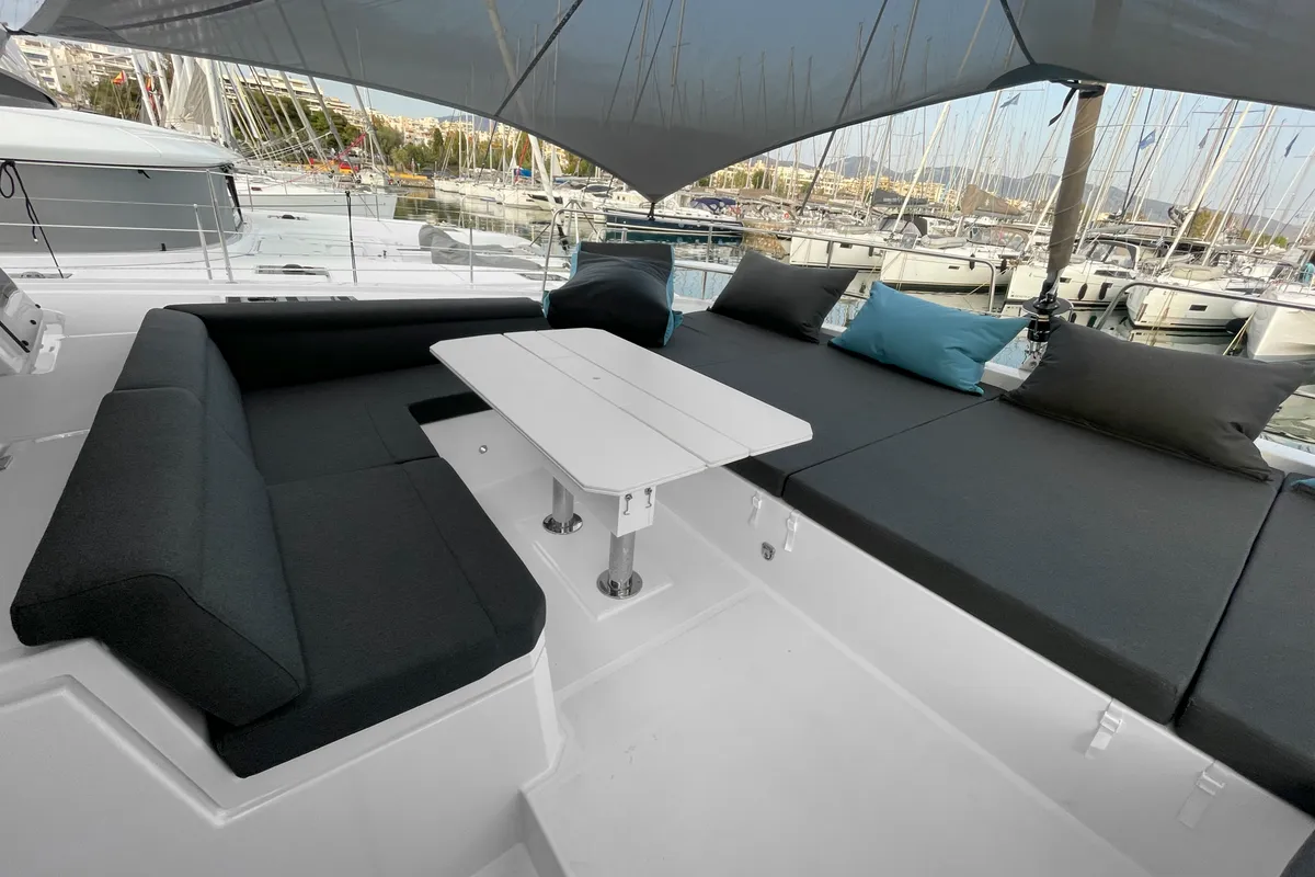 Deck of Enma, a Bali 4.6 catamaran at Athens, Greece