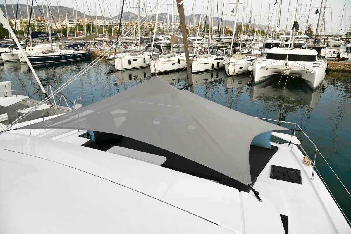 Deck of Enma, a Bali 4.6 catamaran at Athens, Greece
