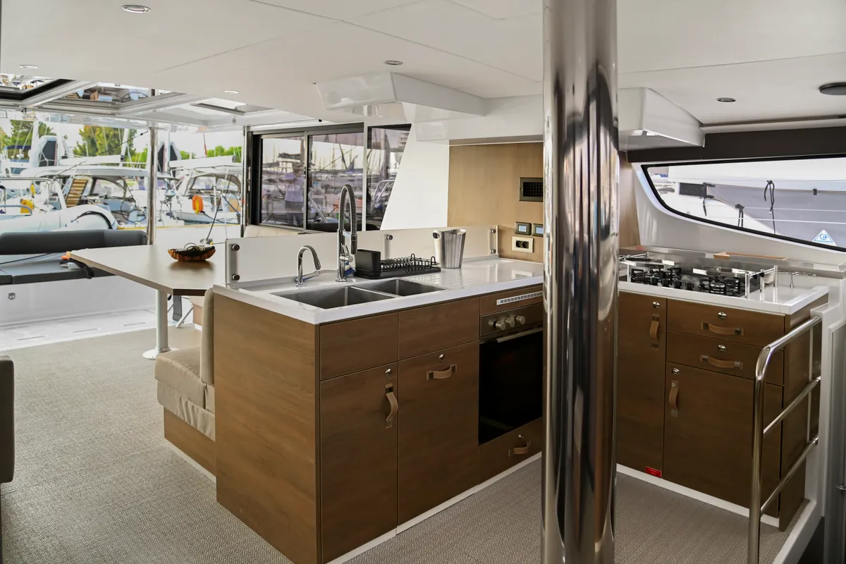 Galley of Enma, a Bali 4.6 catamaran at Athens, Greece