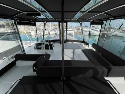 Cockpit of Enma, a Bali 4.6 catamaran at Athens, Greece