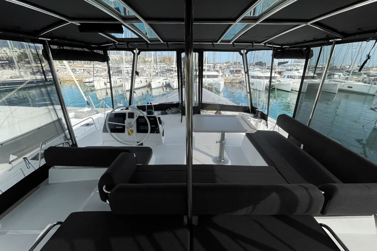 Cockpit of Enma, a Bali 4.6 catamaran at Athens, Greece