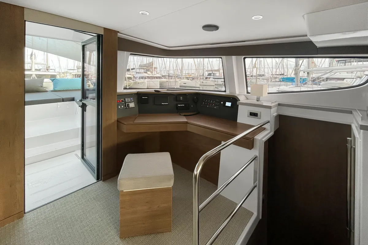 Cockpit of Enma, a Bali 4.6 catamaran at Athens, Greece