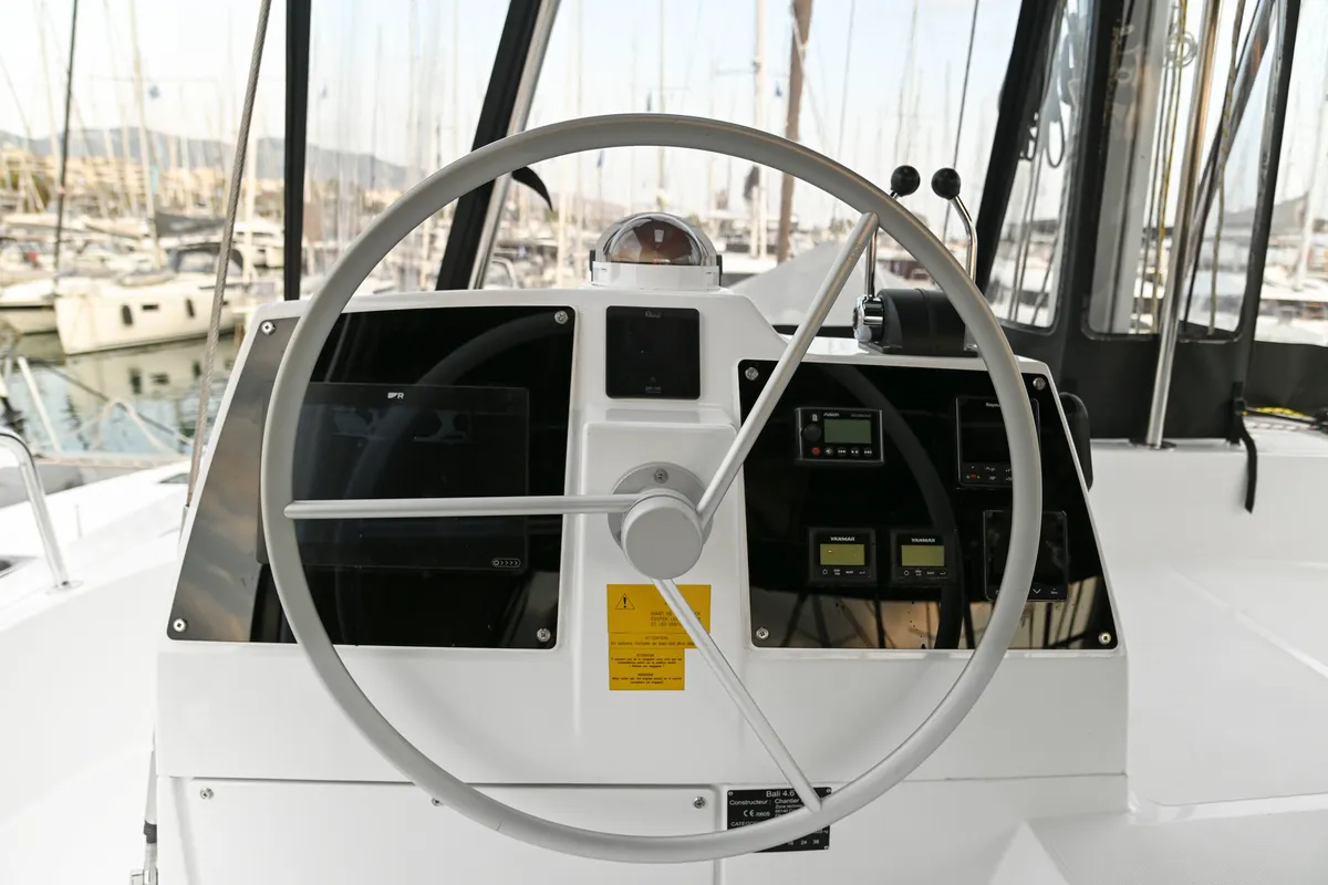 Cockpit of Enma, a Bali 4.6 catamaran at Athens, Greece