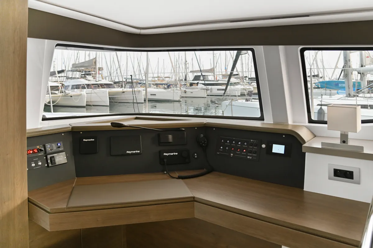 Cockpit of Enma, a Bali 4.6 catamaran at Athens, Greece