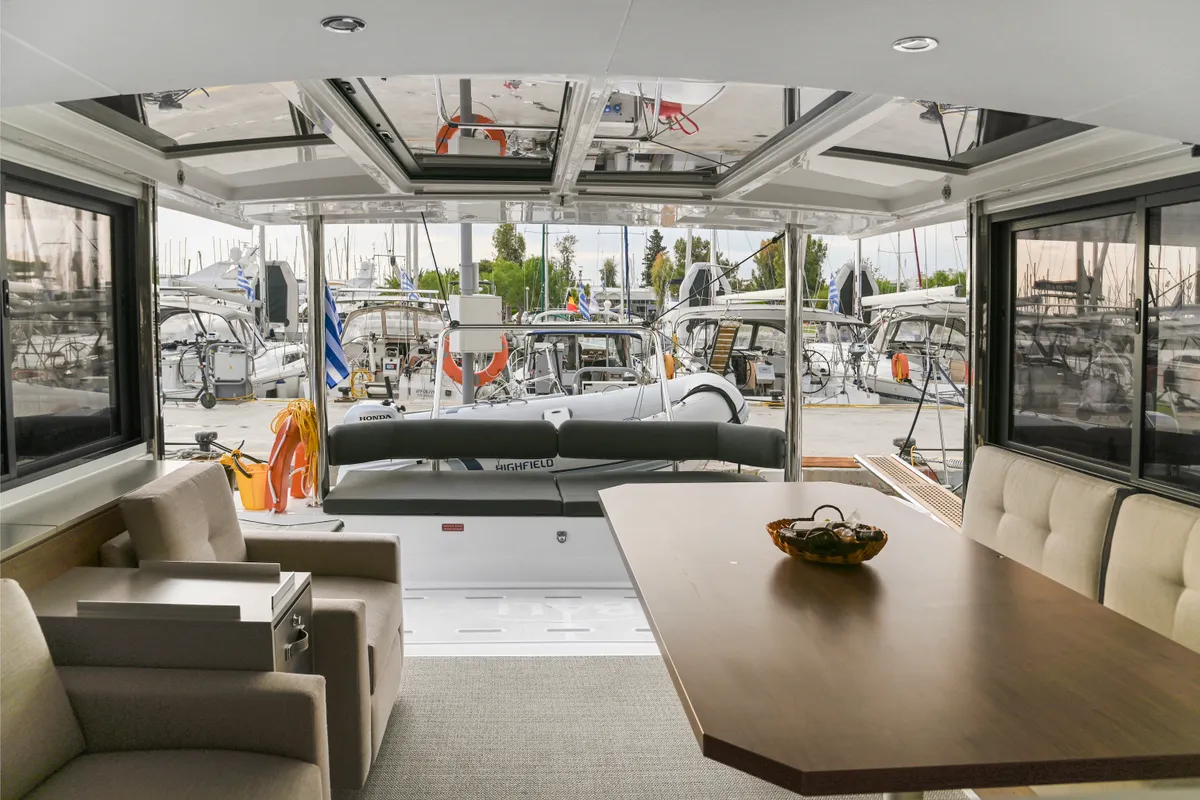 Salon of Enma, a Bali 4.6 catamaran at Athens, Greece