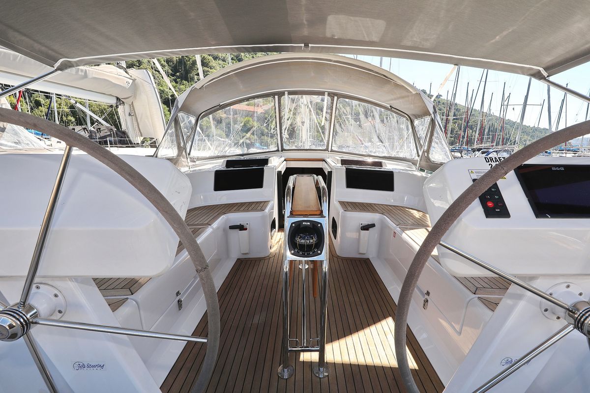 Cockpit of Chloe, a Hanse 458 sailboat at Grad Kaštela, Croatia