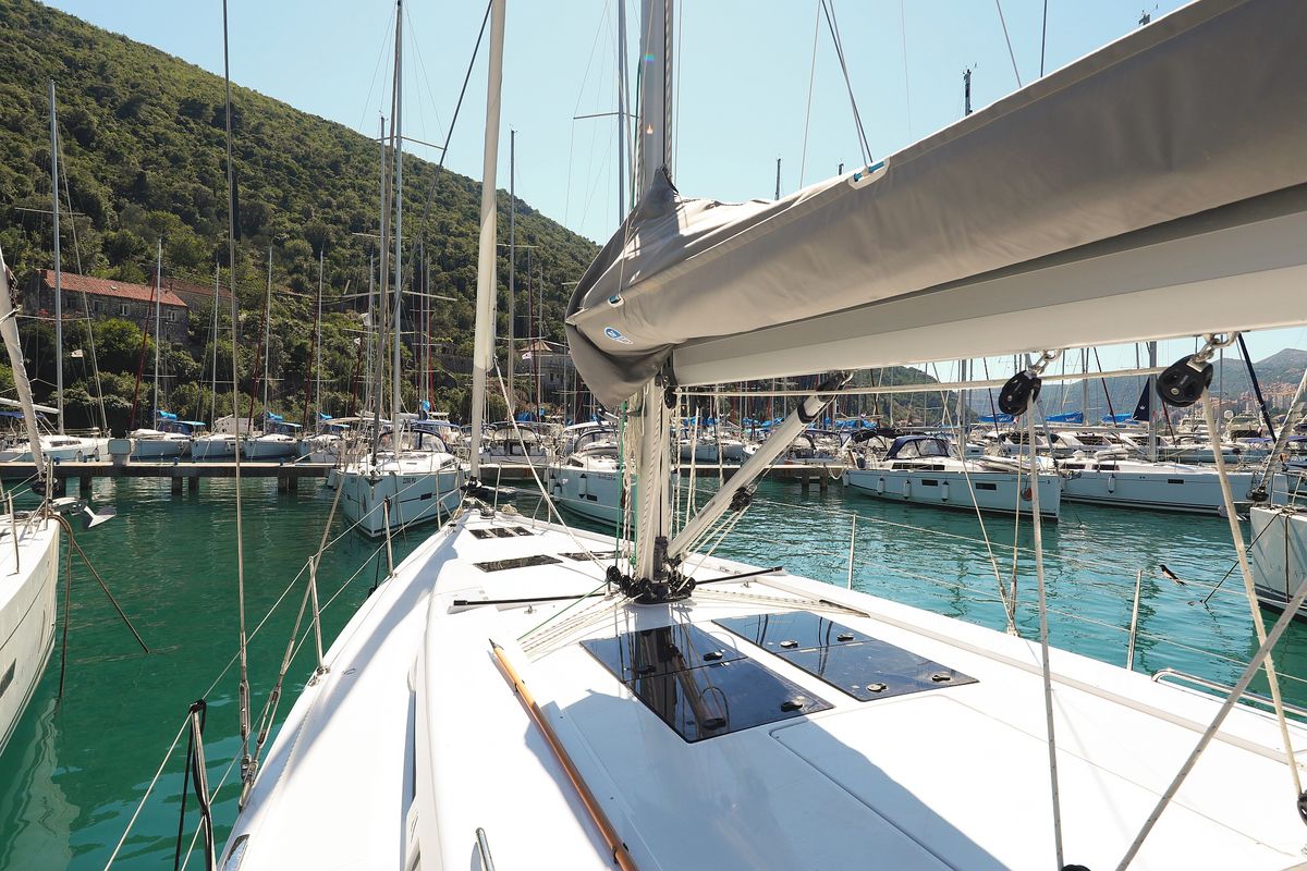 Deck of Chloe, a Hanse 458 sailboat at Grad Kaštela, Croatia
