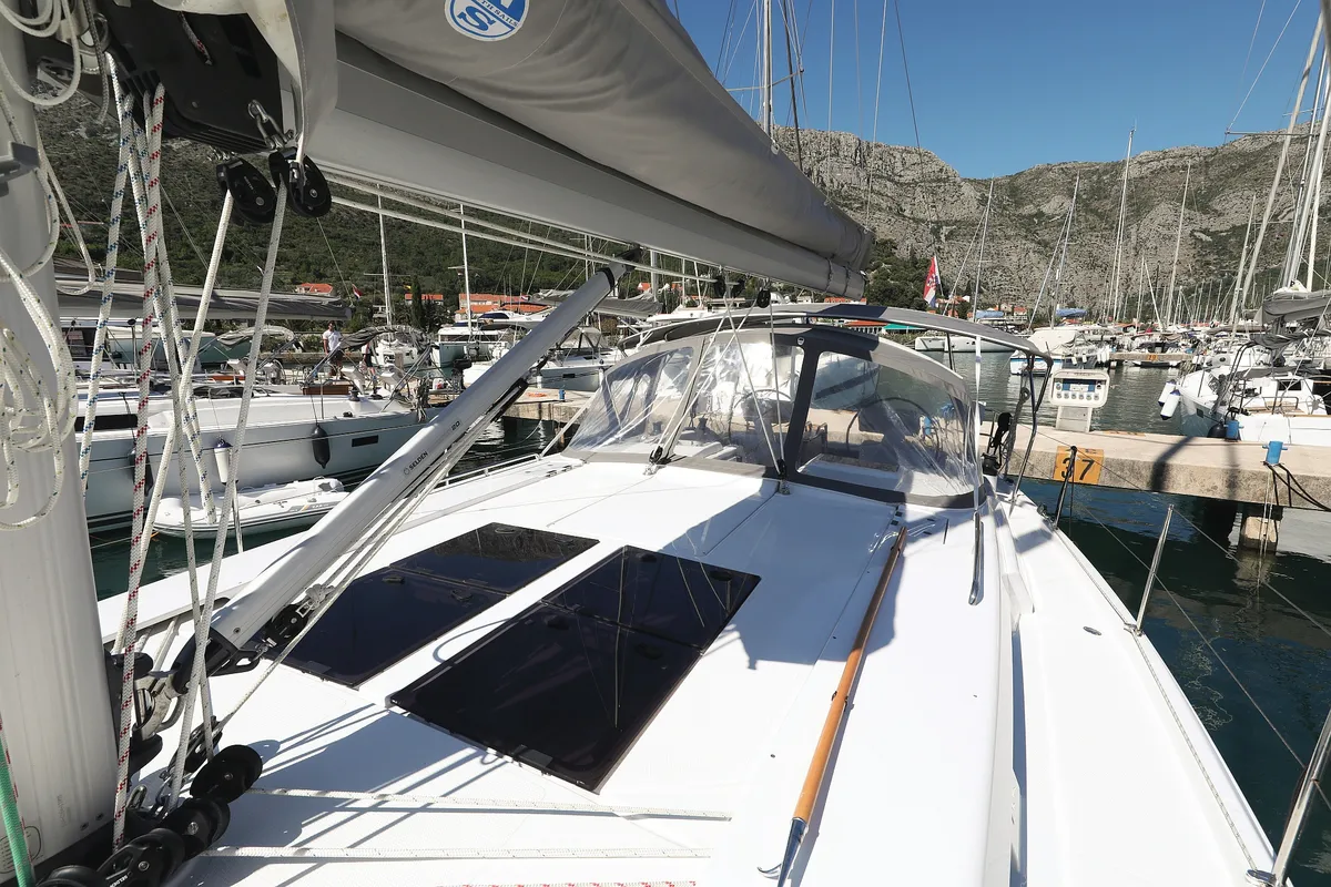 Deck of Chloe, a Hanse 458 sailboat at Grad Kaštela, Croatia