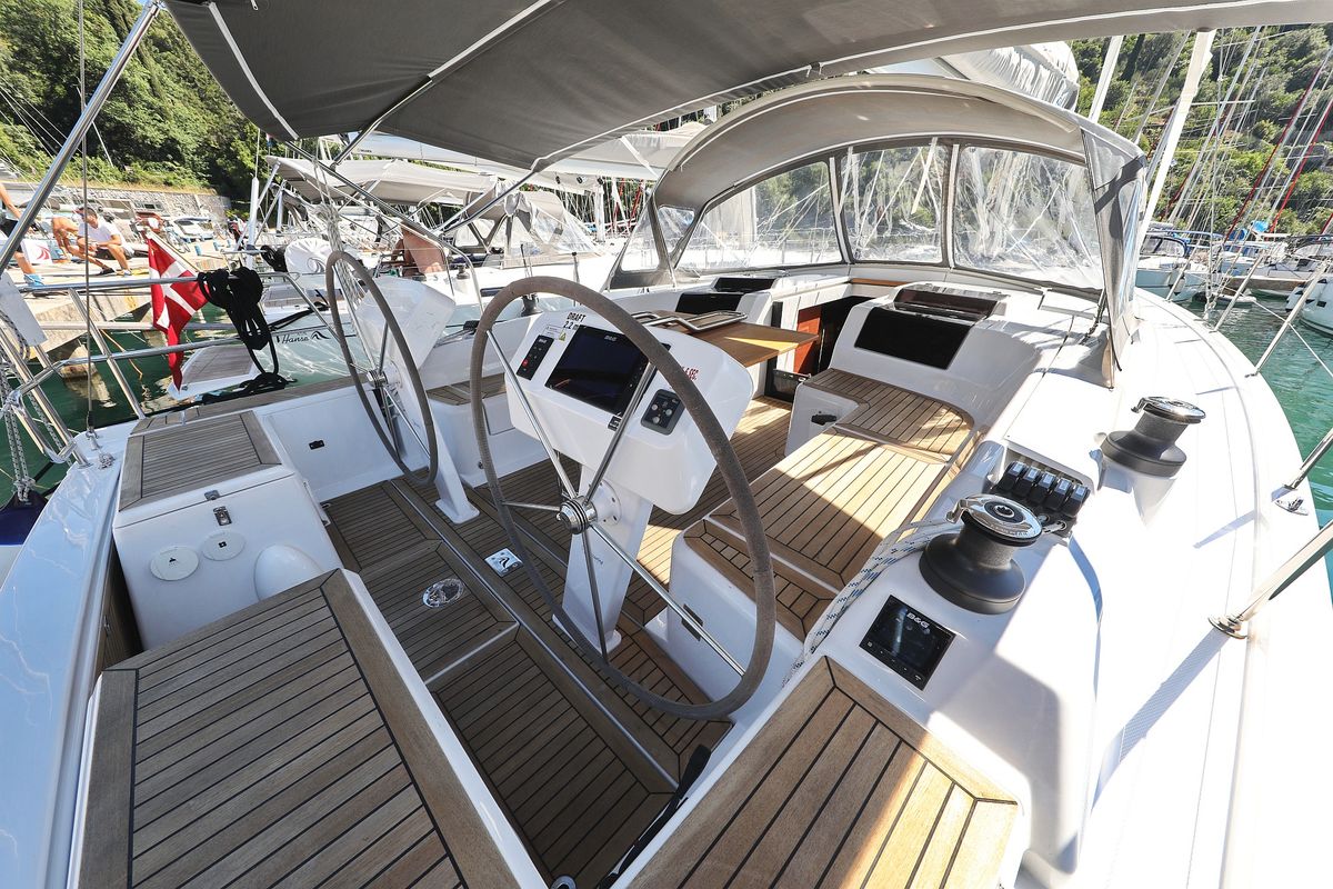 Cockpit of Chloe, a Hanse 458 sailboat at Grad Kaštela, Croatia