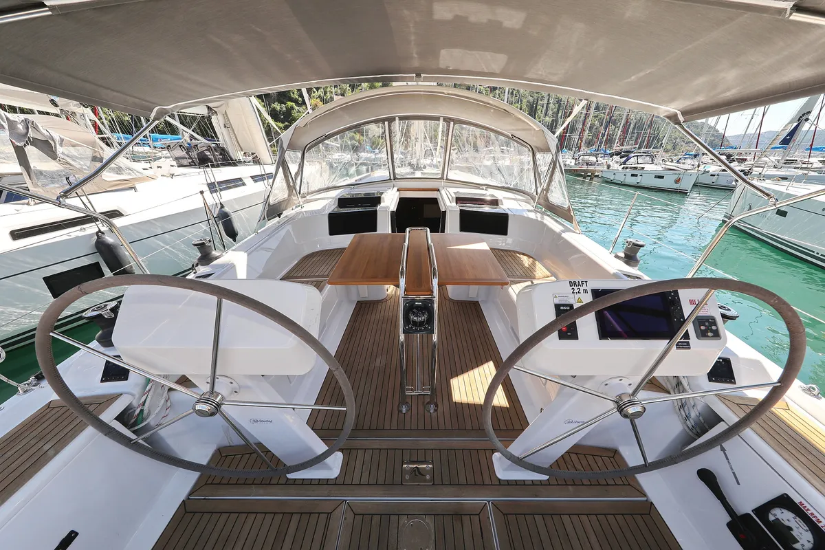 Cockpit of Chloe, a Hanse 458 sailboat at Grad Kaštela, Croatia