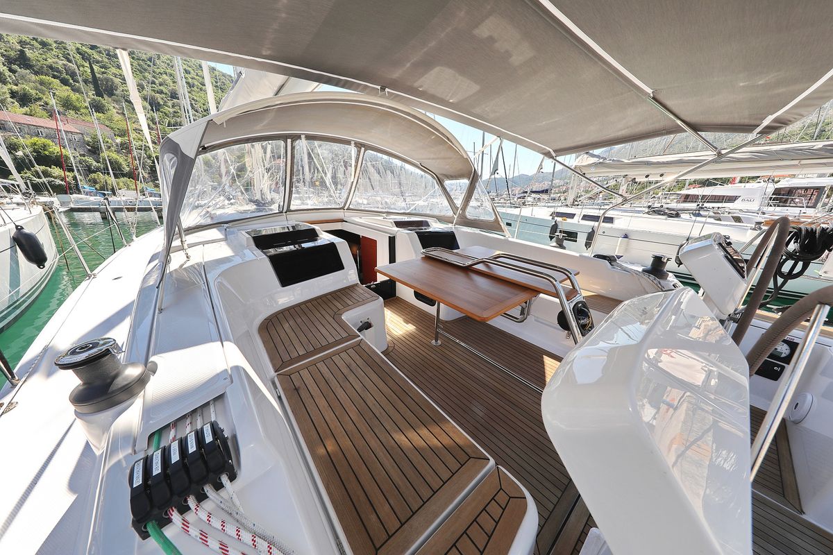 Deck of Chloe, a Hanse 458 sailboat at Grad Kaštela, Croatia