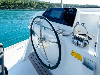 Cockpit of Olyntha, a Lagoon 42 catamaran at Kaštela, Croatia