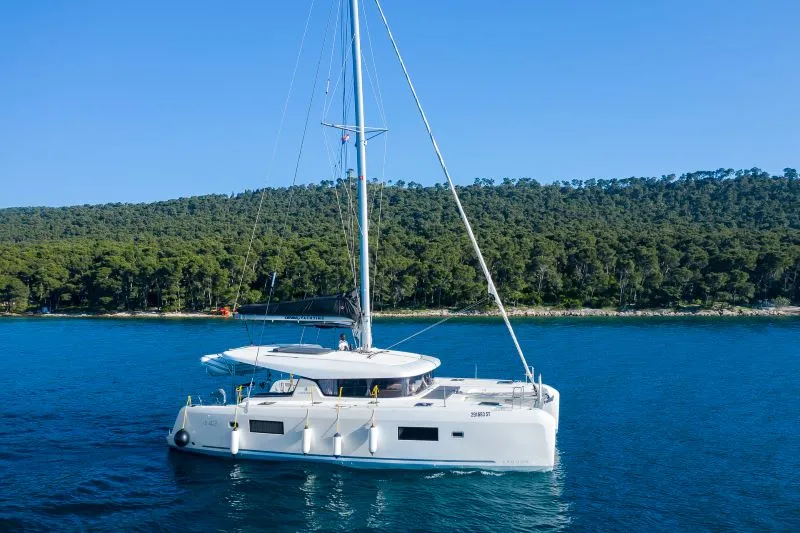 Exterior view of Olyntha, a Lagoon 42 catamaran at Kaštela, Croatia
