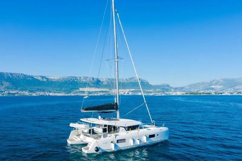 Exterior view of Olyntha, a Lagoon 42 catamaran at Kaštela, Croatia