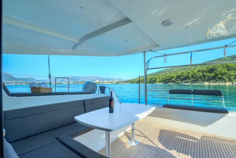Deck of Olyntha, a Lagoon 42 catamaran at Kaštela, Croatia