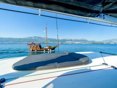 Deck of Olyntha, a Lagoon 42 catamaran at Kaštela, Croatia