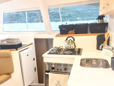 Galley of Kanhka, a CatFlash 43 catamaran at Paraty, Brazil