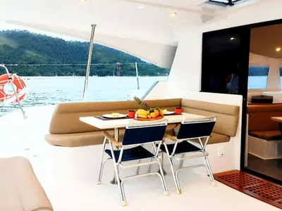 Deck of Kanhka, a CatFlash 43 catamaran at Paraty, Brazil