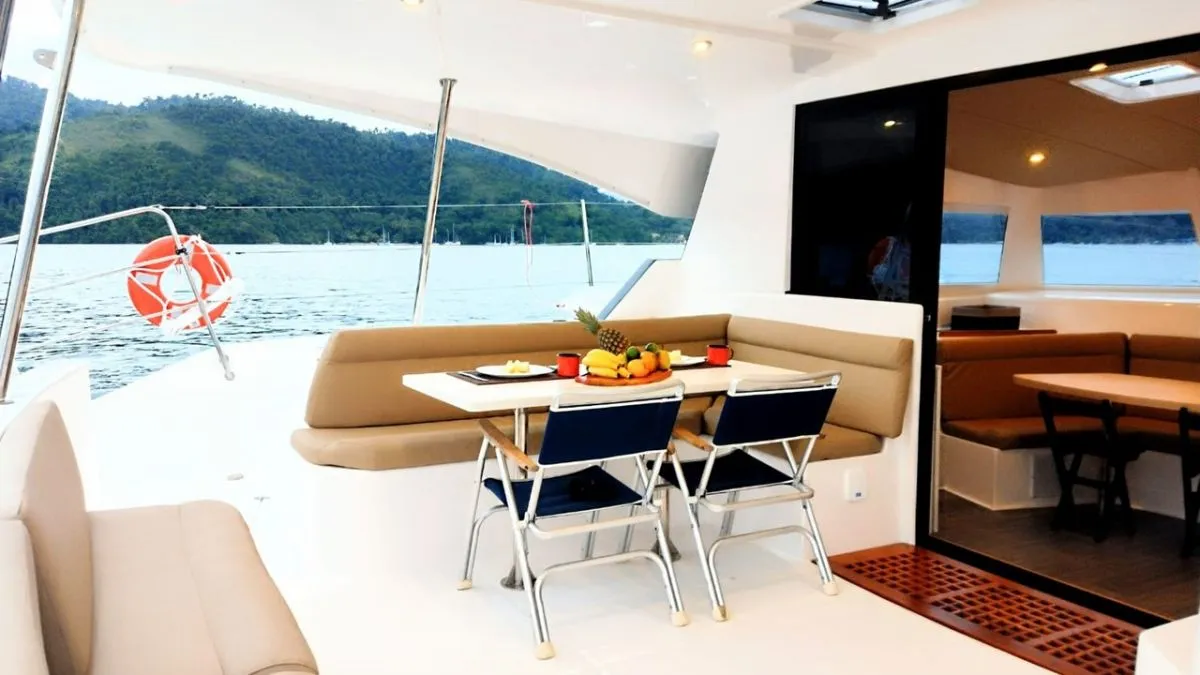 Deck of Kanhka, a CatFlash 43 catamaran at Paraty, Brazil