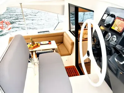 Cockpit of Kanhka, a CatFlash 43 catamaran at Paraty, Brazil