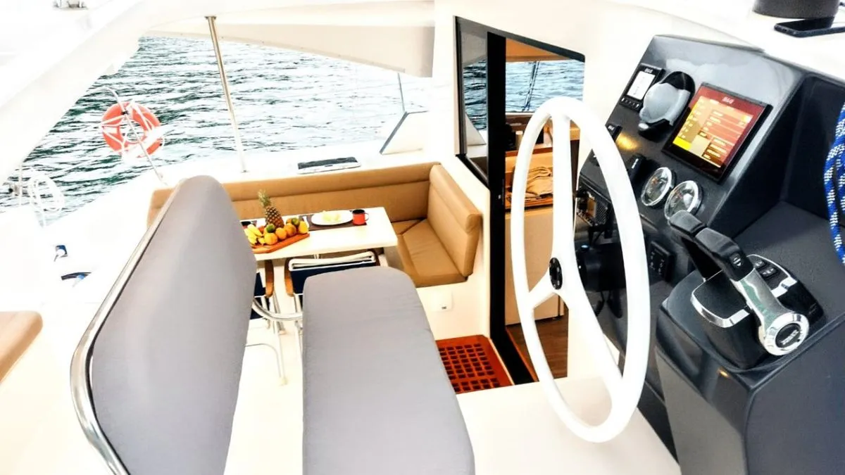 Cockpit of Kanhka, a CatFlash 43 catamaran at Paraty, Brazil