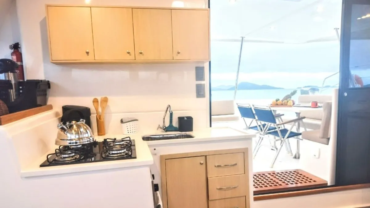 Galley of Kanhka, a CatFlash 43 catamaran at Paraty, Brazil