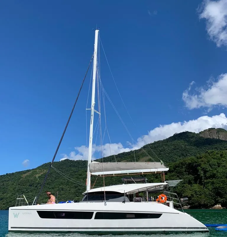 Exterior view of Kanhka, a CatFlash 43 catamaran at Paraty, Brazil