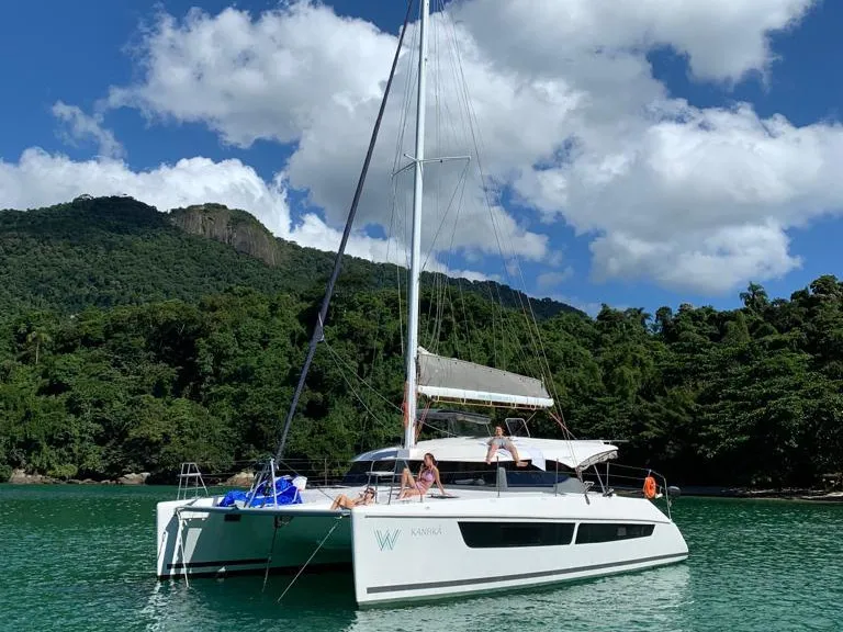 Exterior view of Kanhka, a CatFlash 43 catamaran at Paraty, Brazil