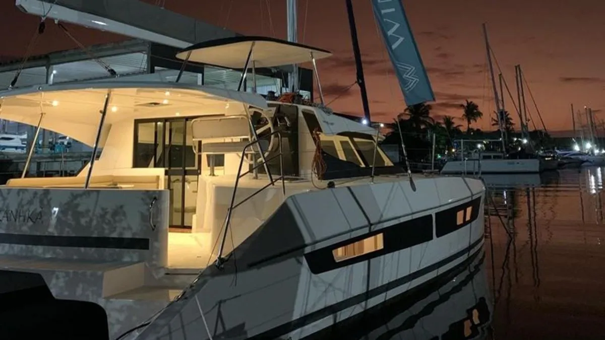 Exterior view of Kanhka, a CatFlash 43 catamaran at Paraty, Brazil