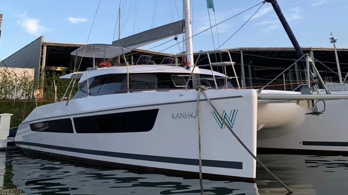 Exterior view of Kanhka, a CatFlash 43 catamaran at Paraty, Brazil