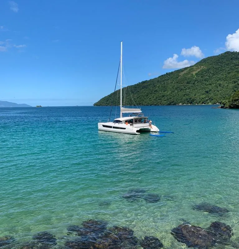 Exterior view of Kanhka, a CatFlash 43 catamaran at Paraty, Brazil