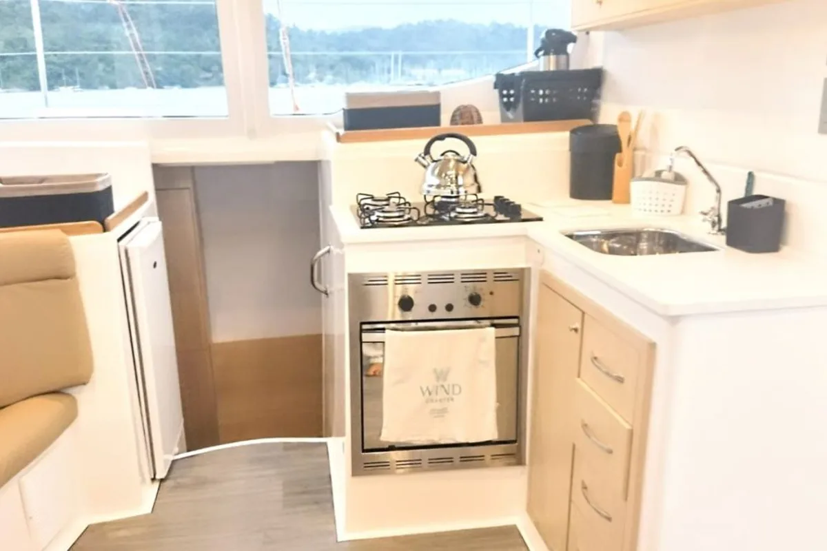 Galley of Kanhka, a CatFlash 43 catamaran at Paraty, Brazil