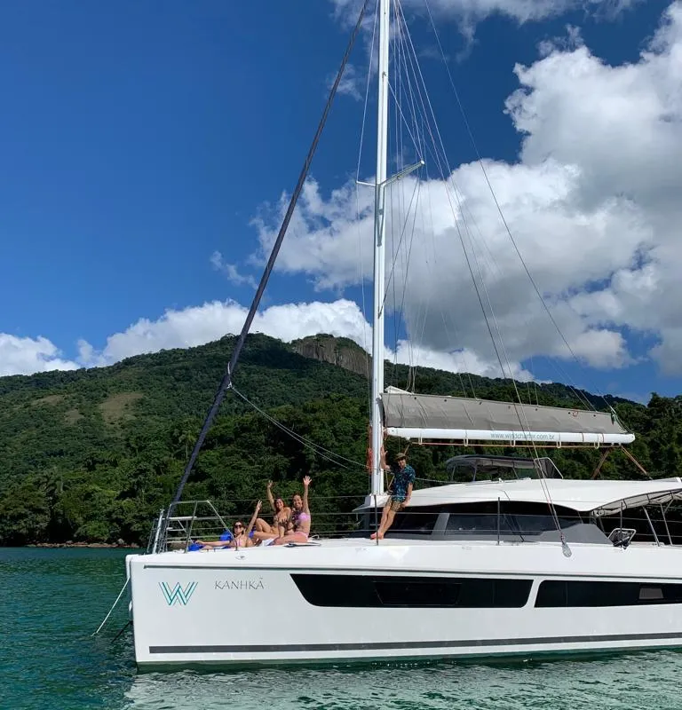 Exterior view of Kanhka, a CatFlash 43 catamaran at Paraty, Brazil