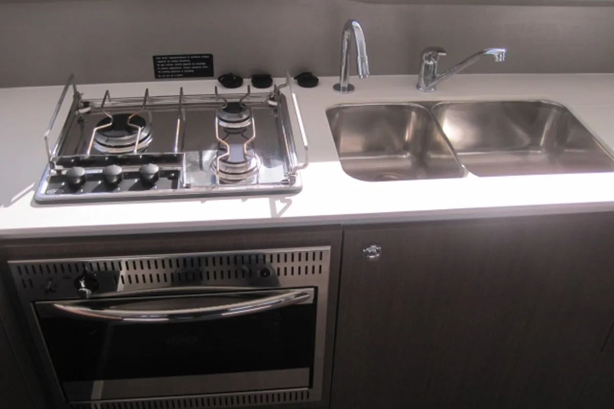 Galley of Maria Elena, a Bali 4.3 catamaran at Capo d'Orlando, Italy