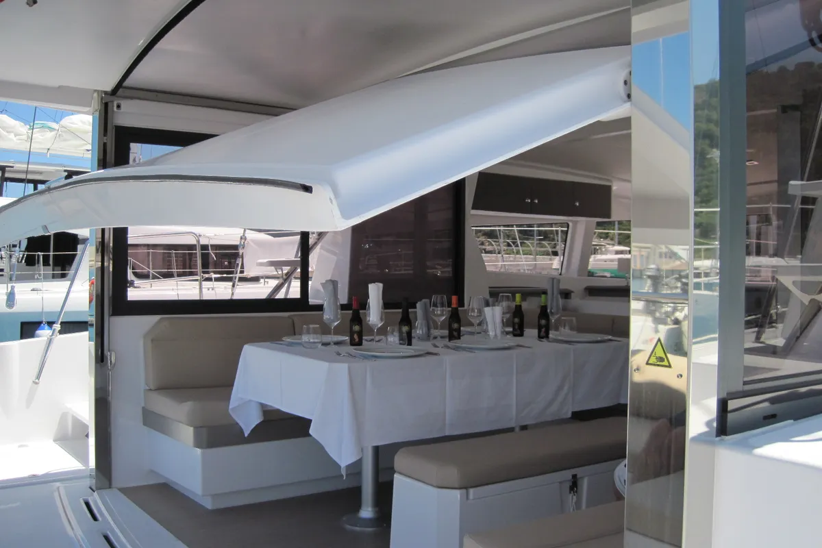 Salon of Maria Elena, a Bali 4.3 catamaran at Capo d'Orlando, Italy