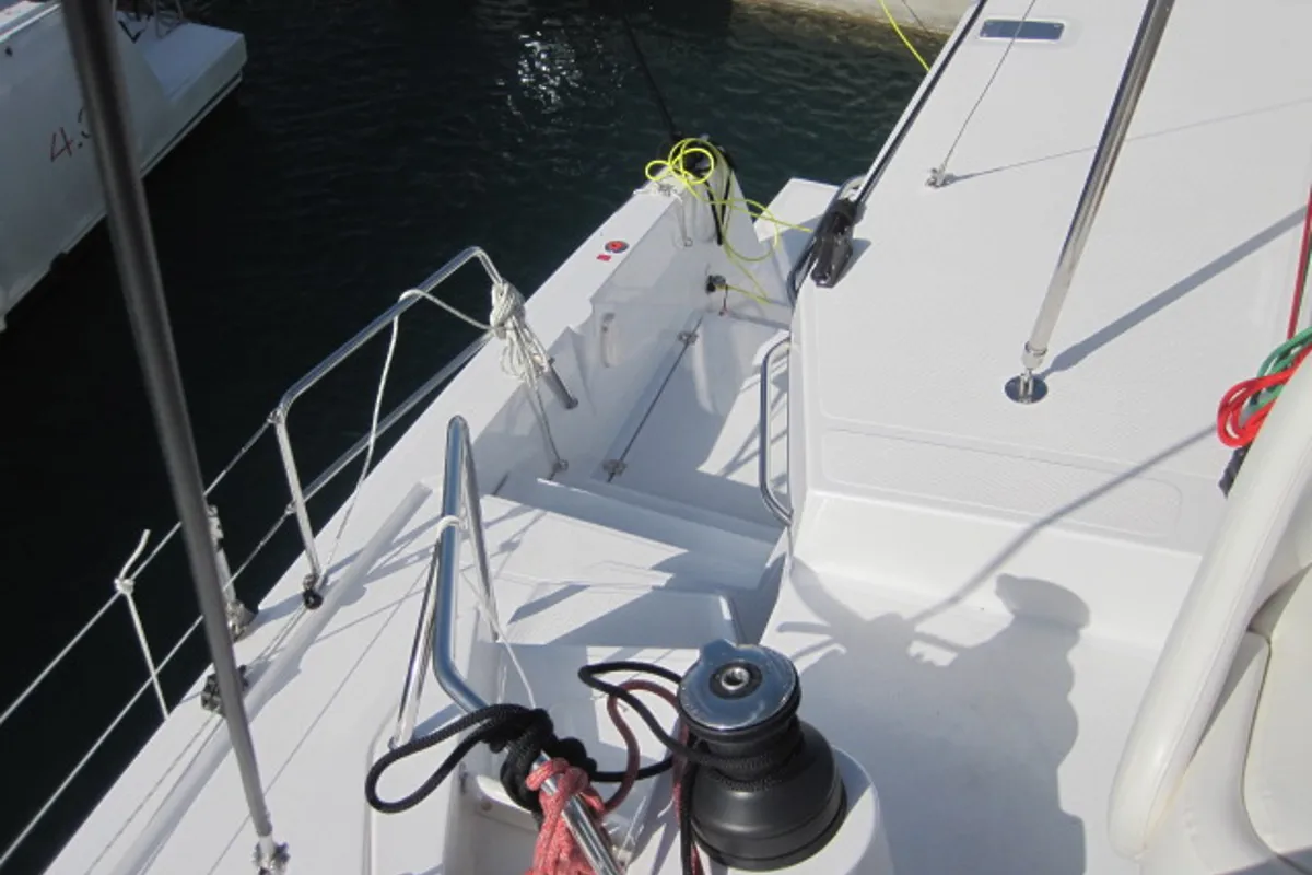 Deck of Maria Elena, a Bali 4.3 catamaran at Capo d'Orlando, Italy