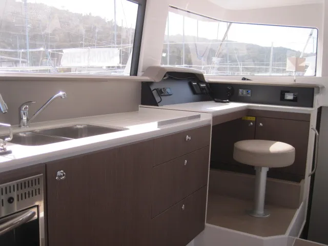 Galley of Maria Elena, a Bali 4.3 catamaran at Capo d'Orlando, Italy