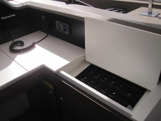 Cockpit of Maria Elena, a Bali 4.3 catamaran at Capo d'Orlando, Italy