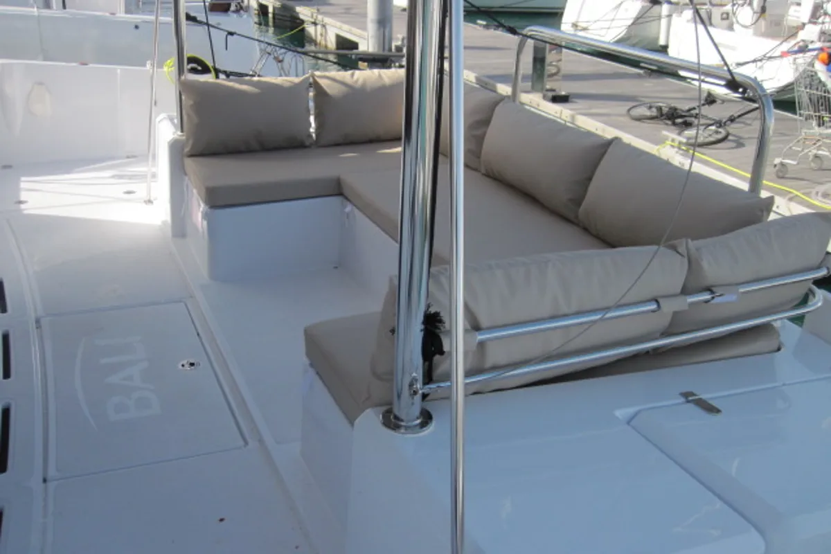 Deck of Maria Elena, a Bali 4.3 catamaran at Capo d'Orlando, Italy