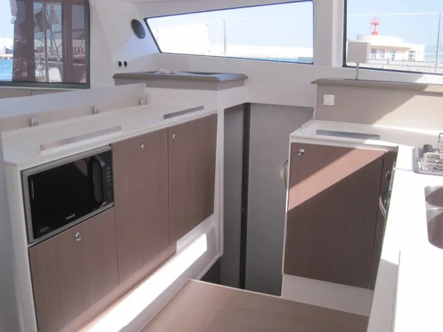 Galley of Maria Elena, a Bali 4.3 catamaran at Capo d'Orlando, Italy