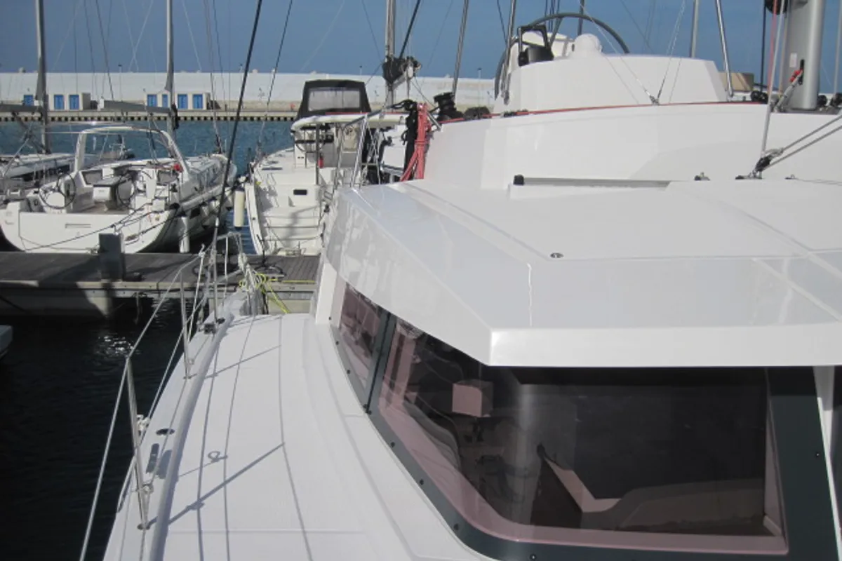 Exterior view of Maria Elena, a Bali 4.3 catamaran at Capo d'Orlando, Italy