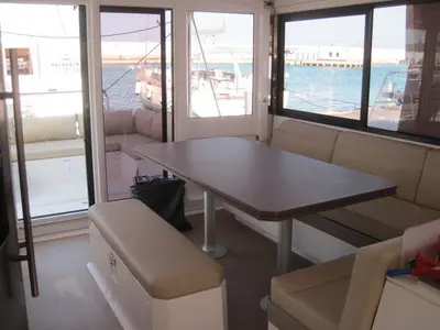 Salon of Maria Elena, a Bali 4.3 catamaran at Capo d'Orlando, Italy