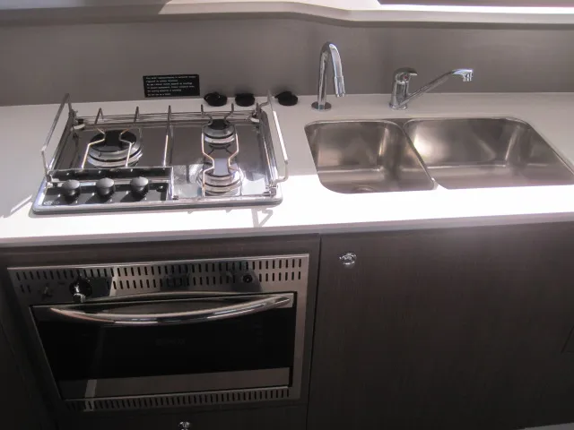 Galley of Maria Elena, a Bali 4.3 catamaran at Capo d'Orlando, Italy