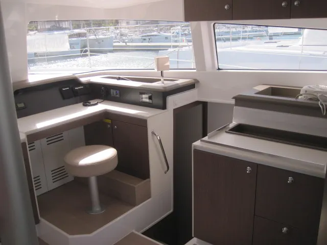 Salon of Maria Elena, a Bali 4.3 catamaran at Capo d'Orlando, Italy