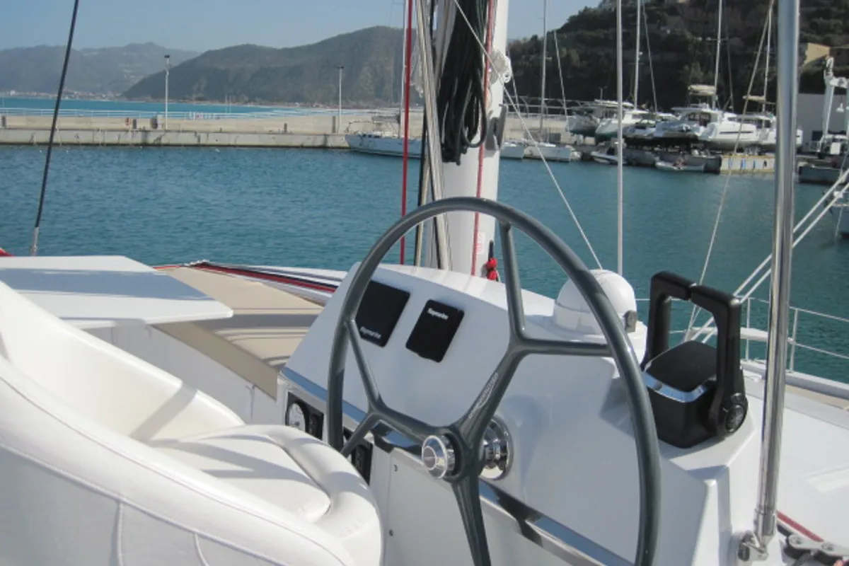 Cockpit of Maria Elena, a Bali 4.3 catamaran at Capo d'Orlando, Italy