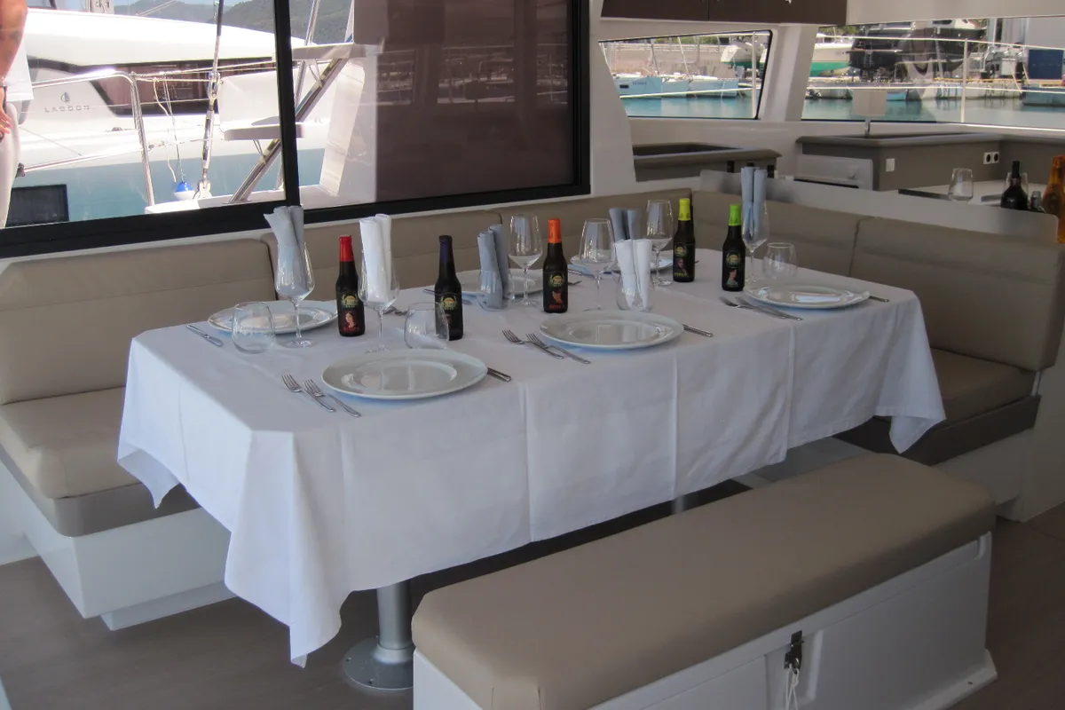 Salon of Maria Elena, a Bali 4.3 catamaran at Capo d'Orlando, Italy