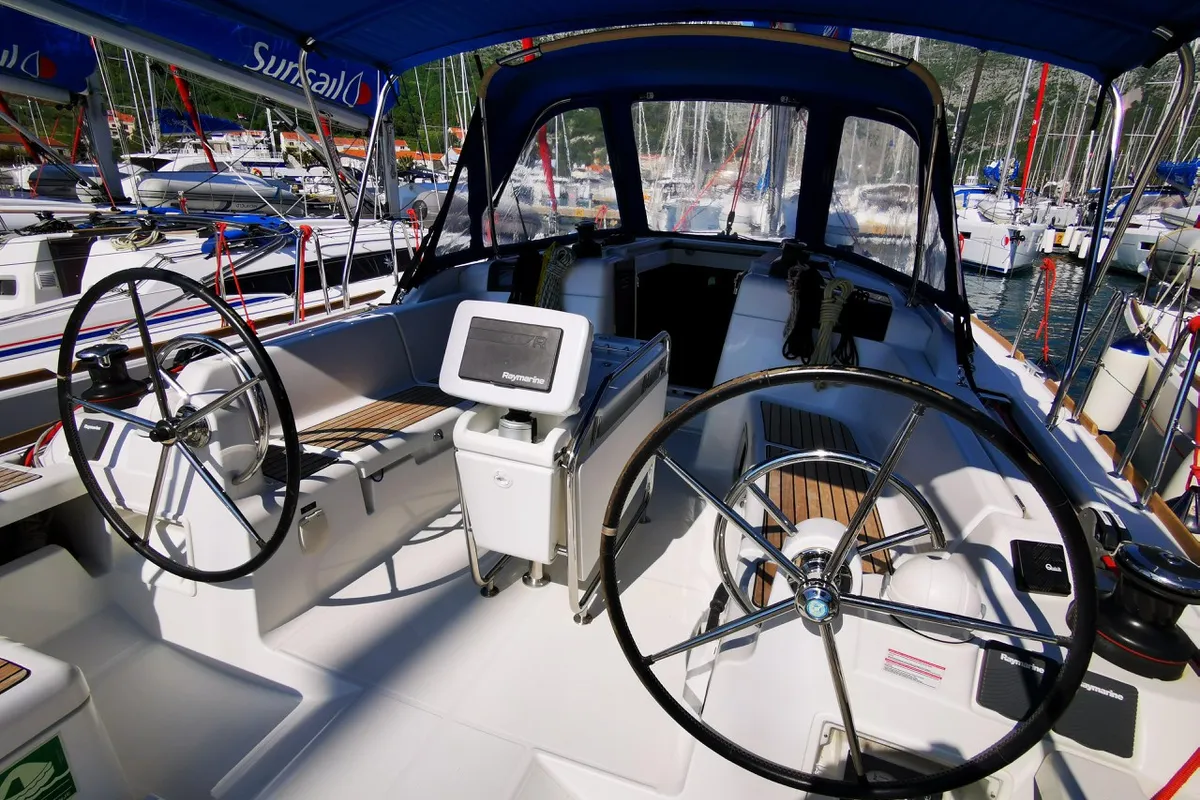 Cockpit of Star Gazer, a Jeanneau Sun Odyssey 419 sailboat at Grad Pula, Croatia