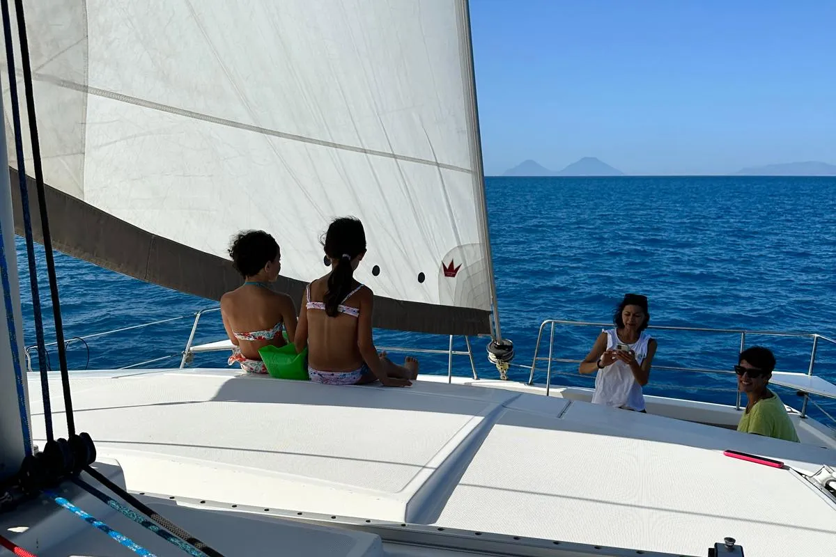 Deck of Negroni, a Bali 4.1 catamaran at Capo d'Orlando, Italy